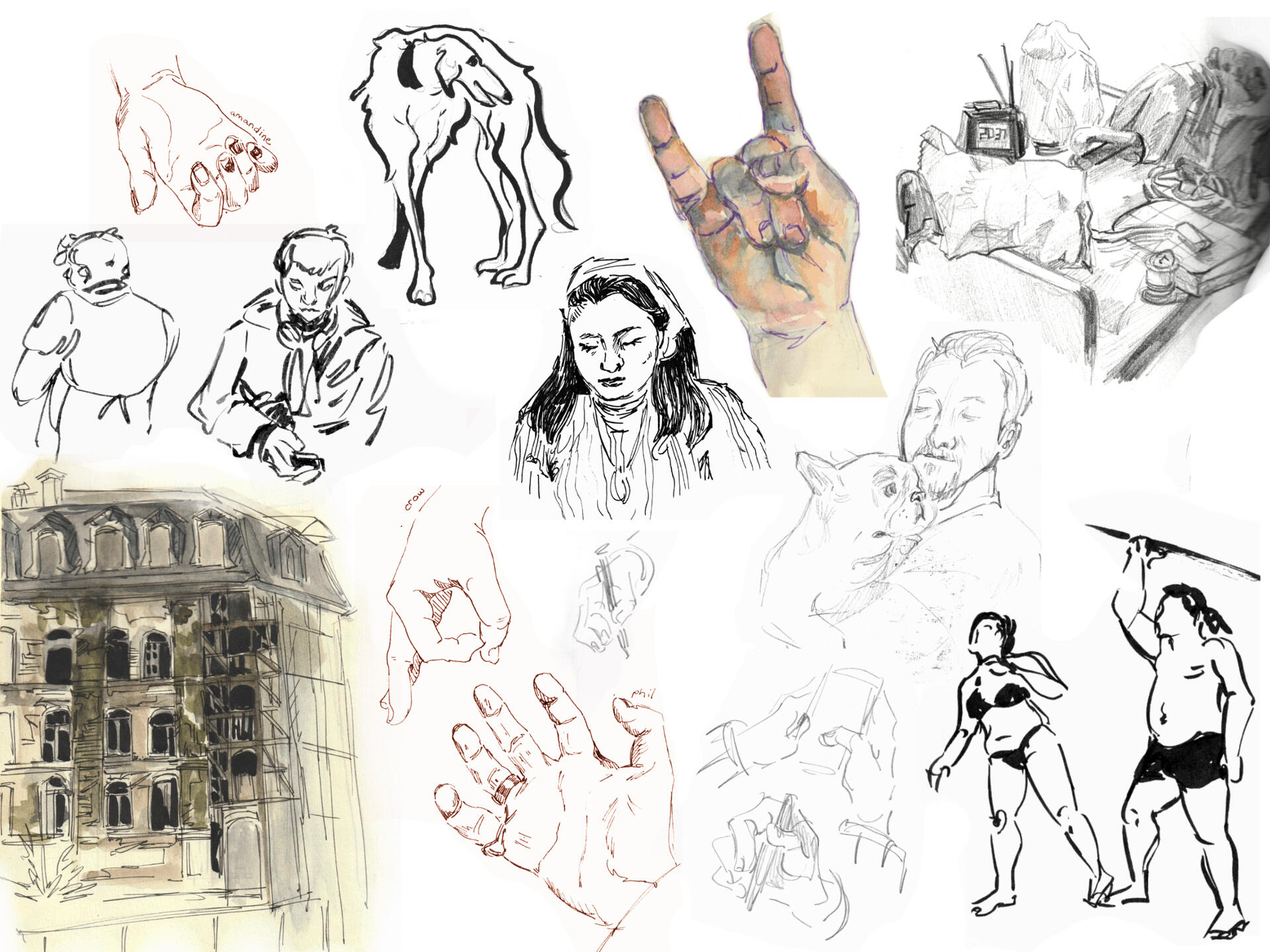 sketchbook spread graphite, indian ink, watercolor, pen