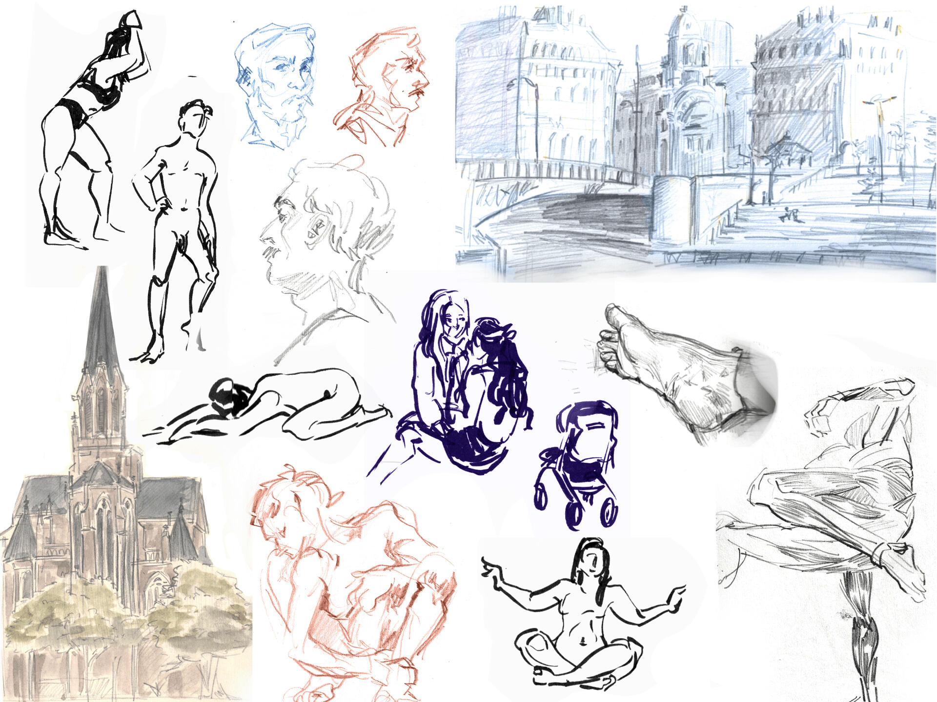 sketchbook spread colored pencil, graphite, indian ink, watercolor