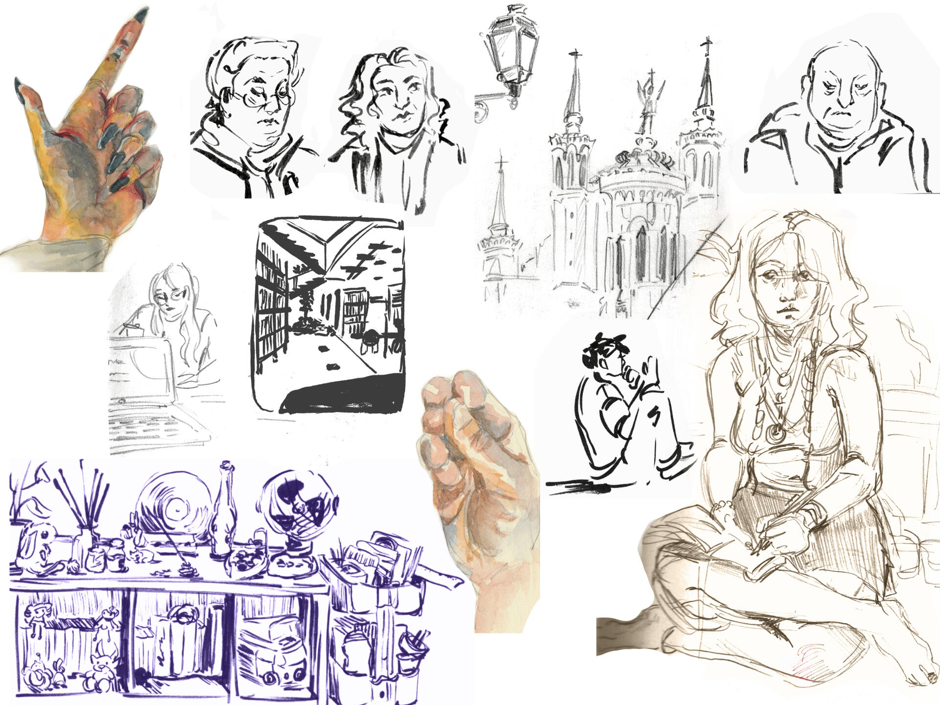 sketchbook spread graphite, indian ink, watercolor, pen